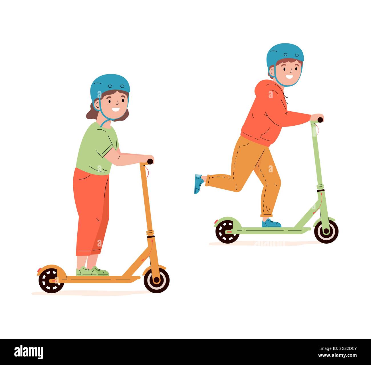 Children in helmets ride electric walk scooters Stock Vector Image