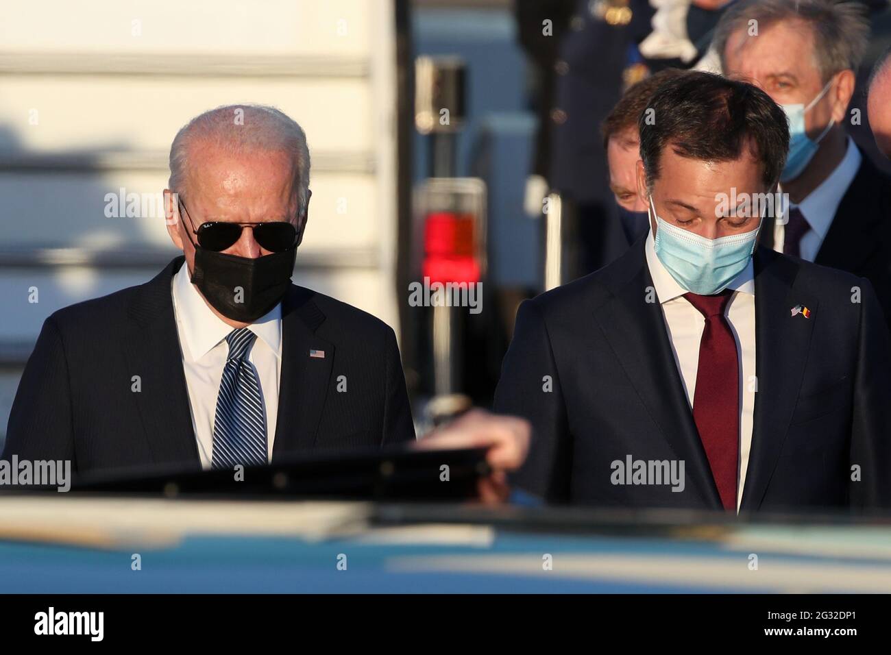 US President Joe Biden and Prime Minister Alexander De Croo pictured at the arrival of the President of The United States of America at the military a Stock Photo
