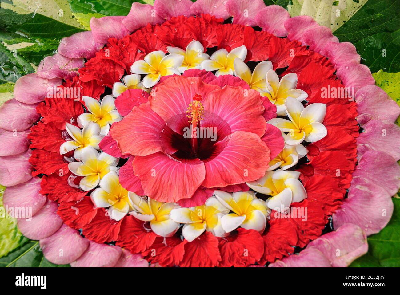A floral design at the entrance to a Balinese spa, Ubud, Bali, Indonesia Stock Photo