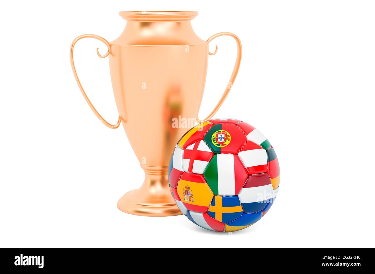 Golden cup trophy and soccer ball with flags, 3D rendering isolated on ...