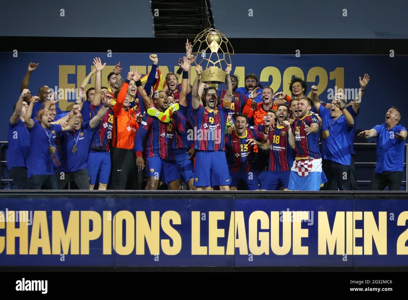 Cologne, Germany . 13th June, 2021. FC Barcelona players celebrate with the  trophy after winning the EHF Champions League, Final4, Final handball match  between FC Barcelona and Aalborg Handbold on June 13,