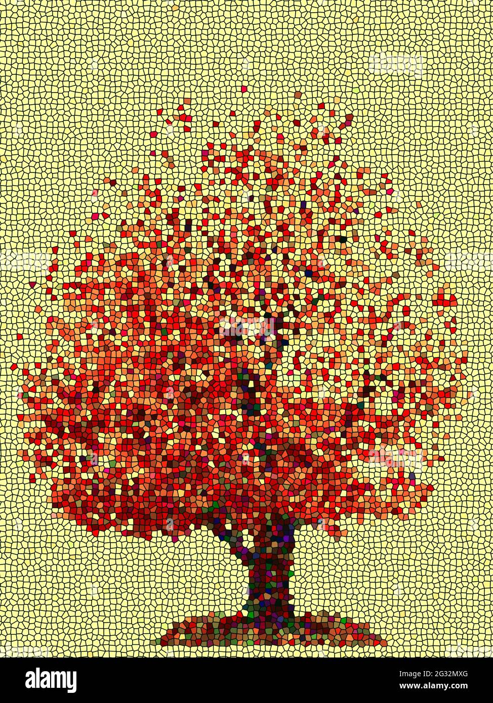 Autumn cherry tree, colorful mosaic artistic illustration, geometric artwork background Stock Photo