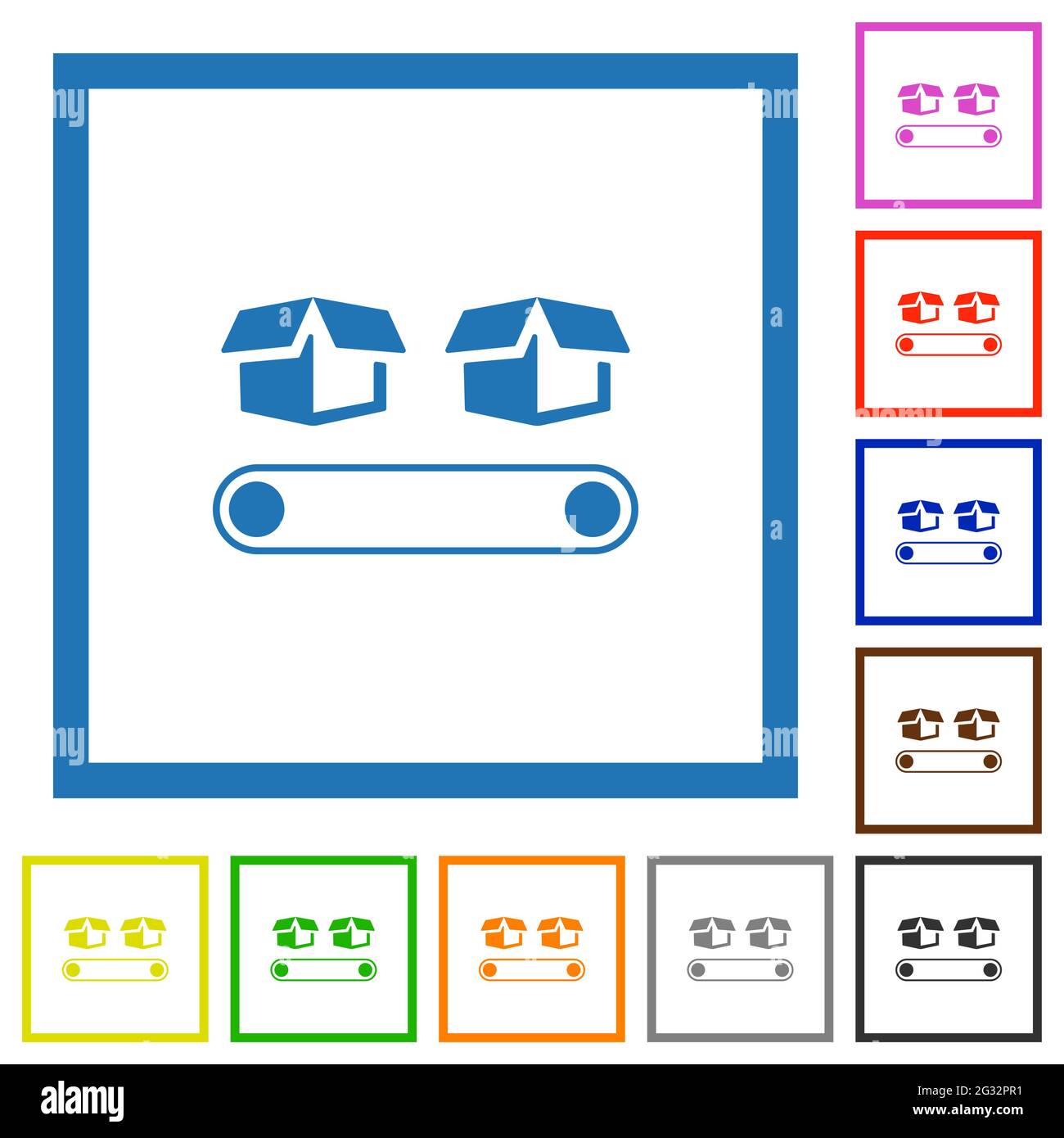Conveyor with boxes flat color icons in square frames on white ...
