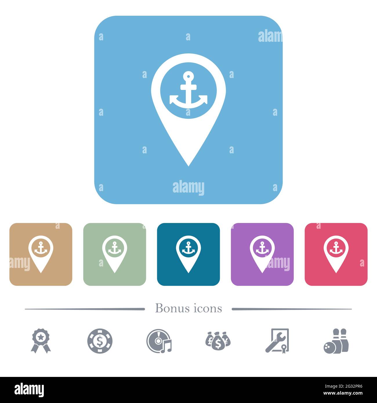 Sea port GPS map location white flat icons on color rounded square ...