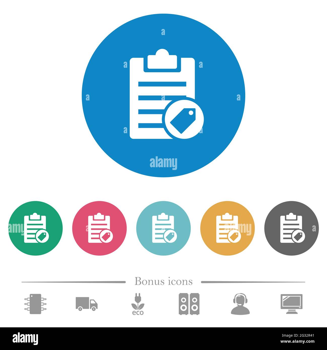 Note tagging flat white icons on round color backgrounds. 6 bonus icons ...