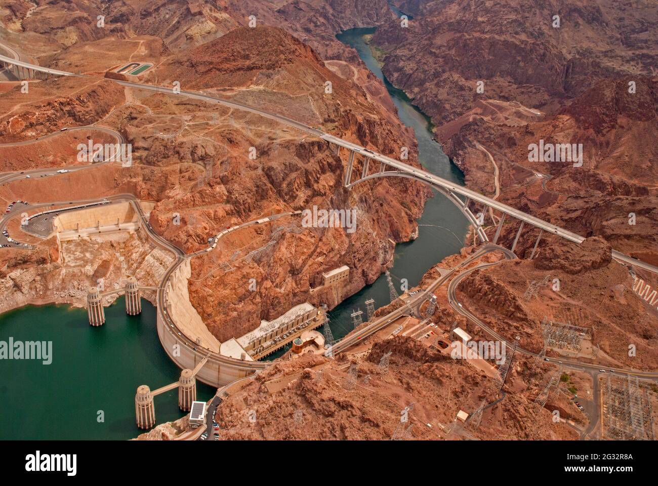 Aerial View of Hoover Dam with Mike O'Callaghan–Pat Tillman Memorial Bridge on US 93 Freeway Stock Photo