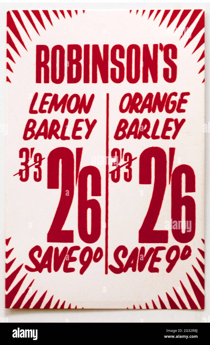 Vinatge 1960s Shop Advertising Price Display Card - Robinsons Lemon Orange Barley Water Stock Photo