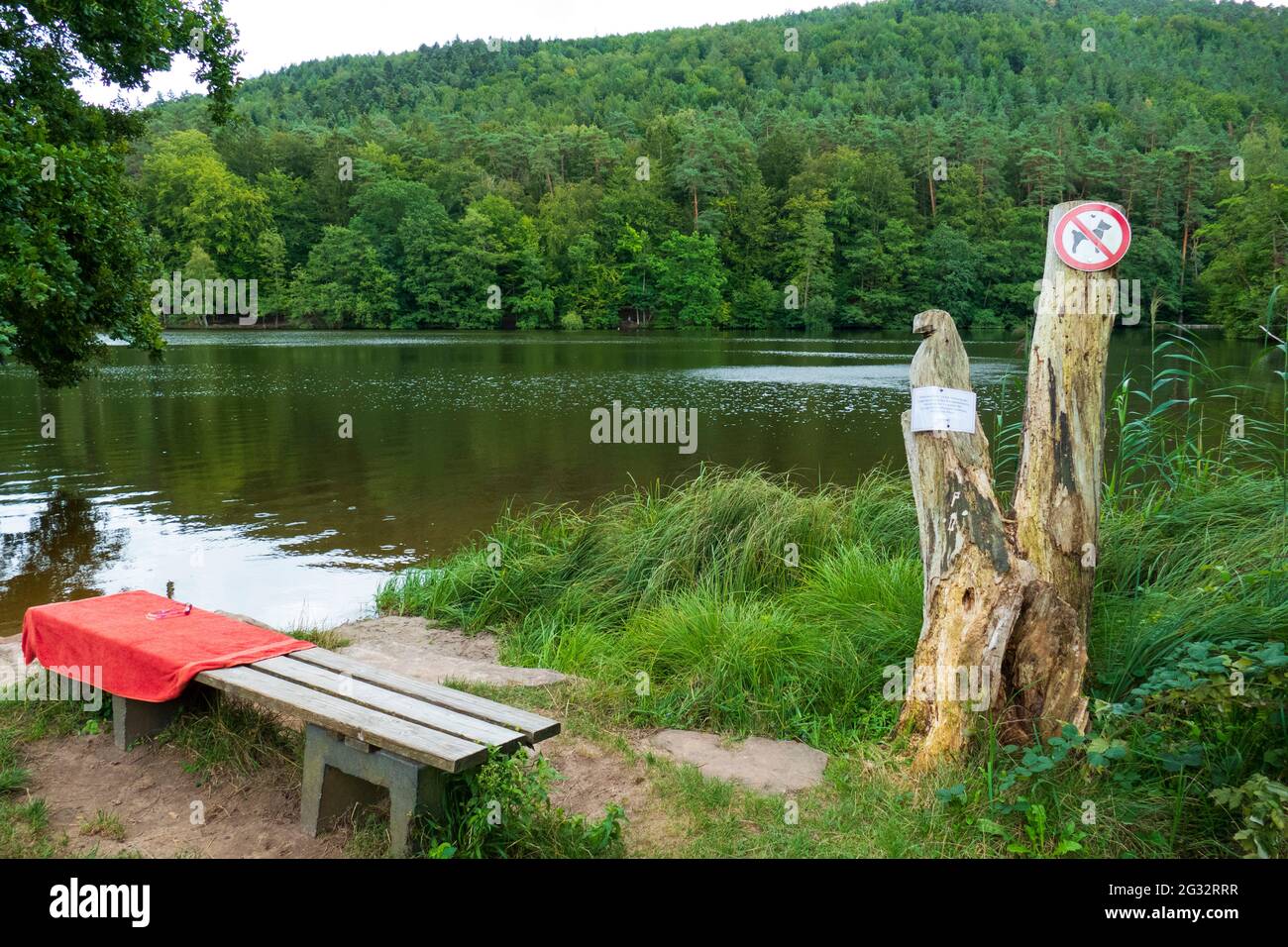Corona Hinweis Schild am Seehof weiher , Erlenbach See  in der Pfalz Stock Photo