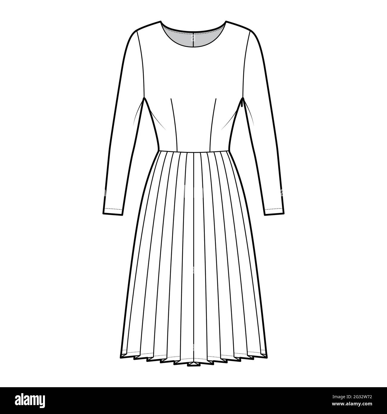 Dress pleated technical fashion illustration with long sleeves, fitted ...