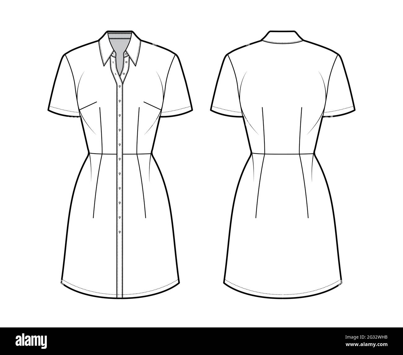 Dress shirt technical fashion illustration with short sleeves, fitted body, knee length pencil skirt, classic collar, button closure. Flat apparel front, back, white color. Women men unisex CAD mockup Stock Vector