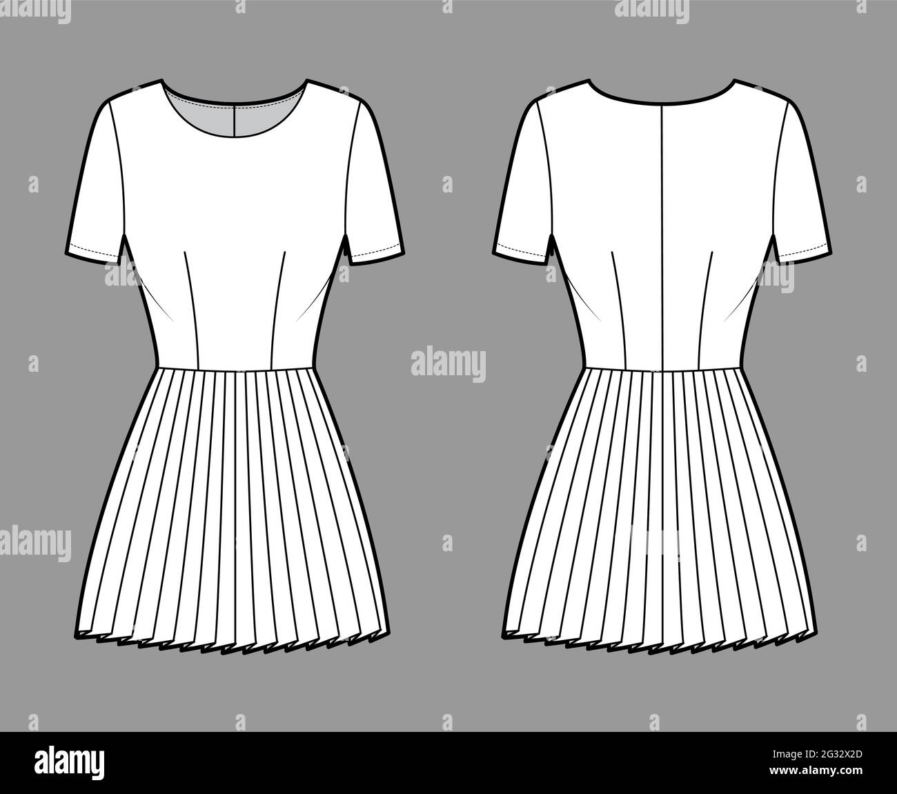 Dress pleated technical fashion illustration with short sleeves, fitted ...