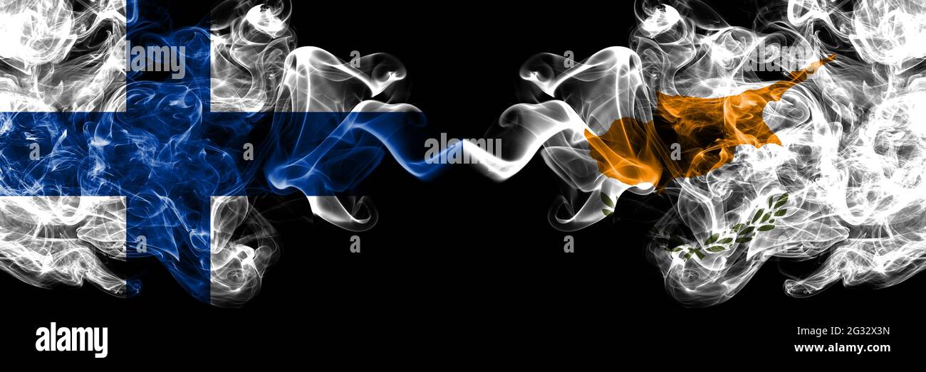 Finland, Finnish vs Cyprus, Cypriot smoky flags side by side. Stock Photo