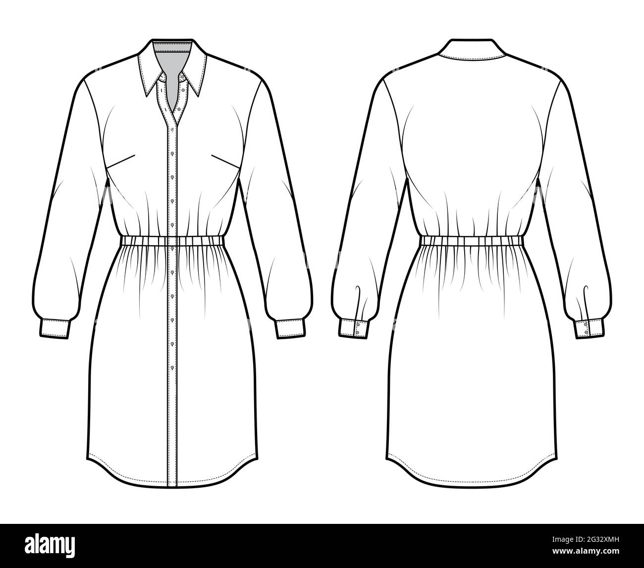 Dress shirt technical fashion illustration with gathered waist, long sleeves, fitted, pencil skirt, classic collar, button closure. Flat apparel front, back, white color style. Women, men unisex CAD Stock Vector