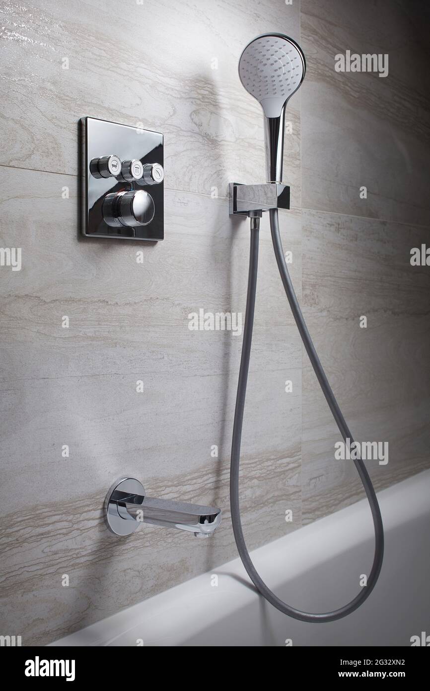 Bathroom water mixer. Water tap made of chrome material Stock Photo Alamy