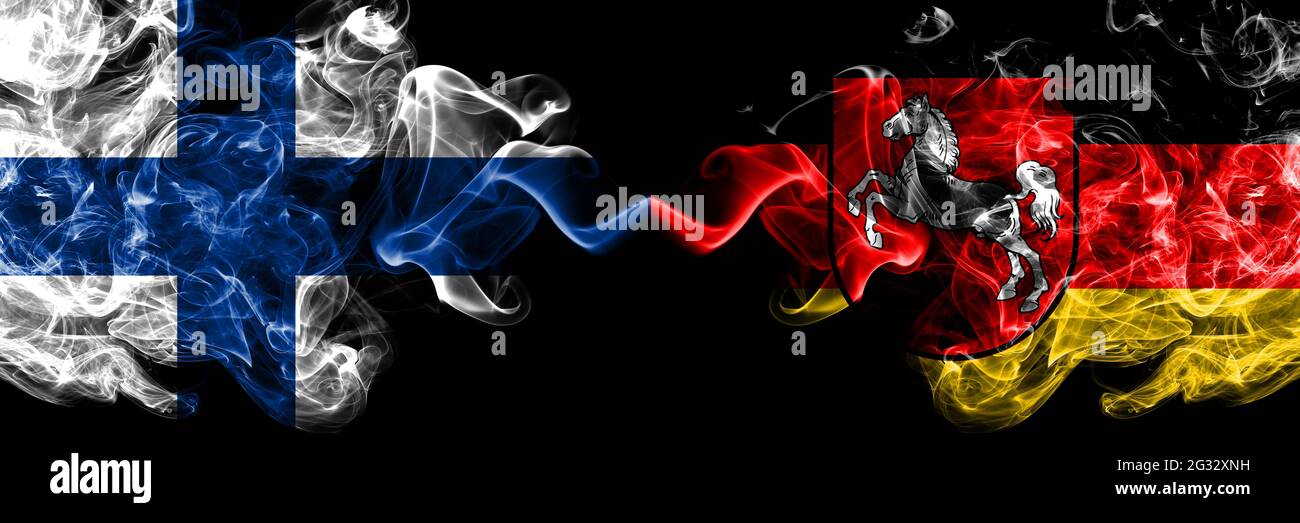 Finland, Finnish vs Germany, Lower Saxony, state smoky flags side by