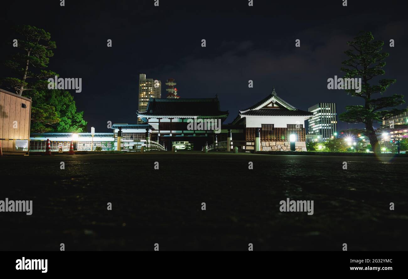 The illuminated Hiroshima castle, also called Carp Castle, surrounded