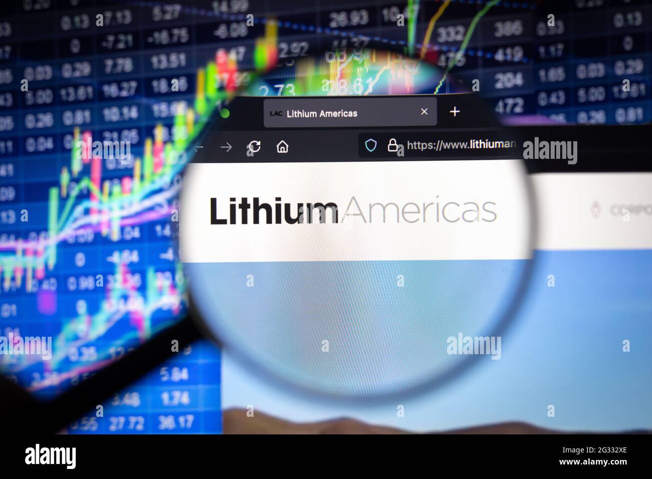 Lithium Americas Corp. company logo on a website with blurry stock market developments in the background, seen on a computer screen Stock Photo