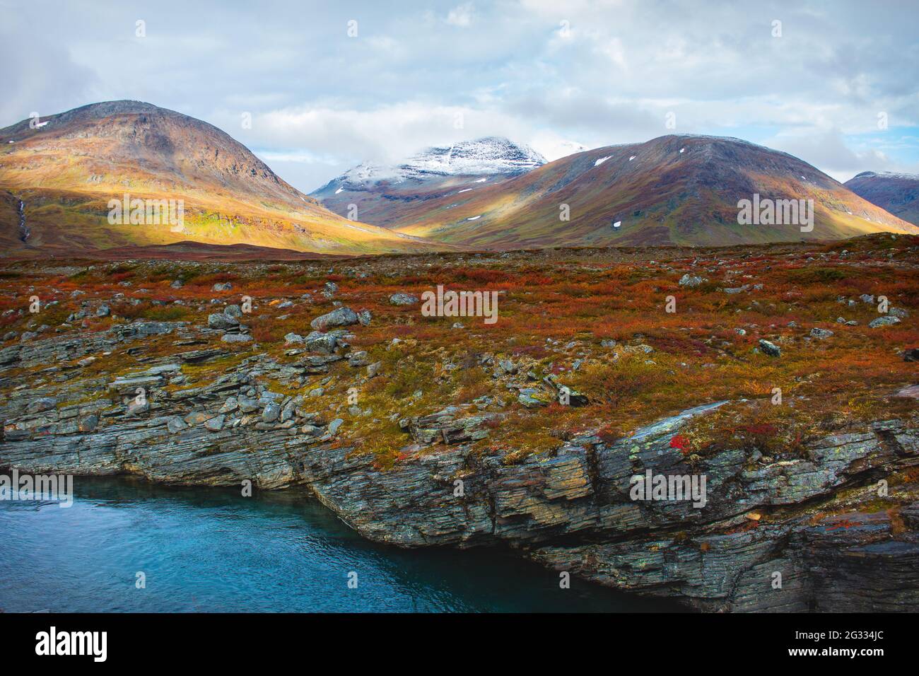 One of the rivers along Kungsleden (king's) trail leaving Salka cottage, early morning, Lapland, Sweden, September 2020. Stock Photo