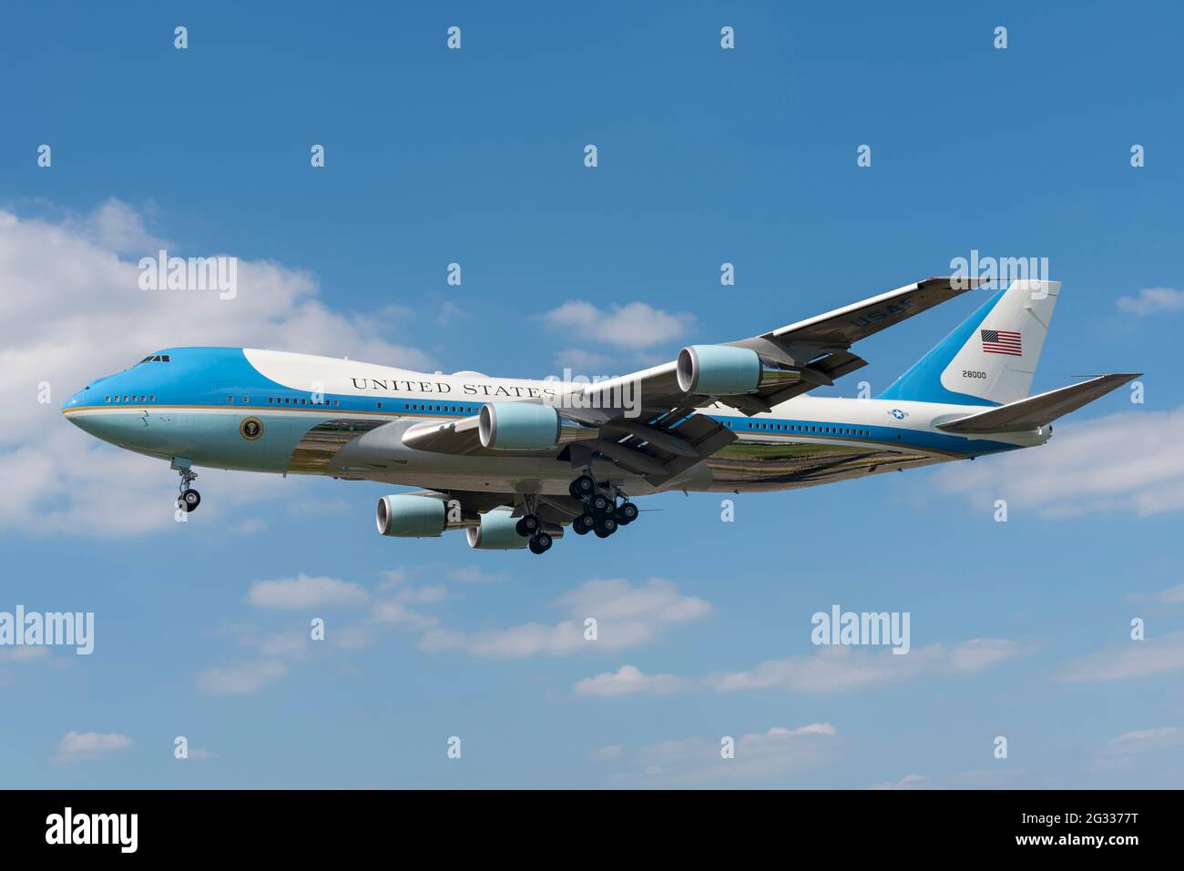 Air Force One with US President Joe Biden landing at London Heathrow Airport, UK, for onward transport to meet the Queen Elizabeth II. Fine climate Stock Photo