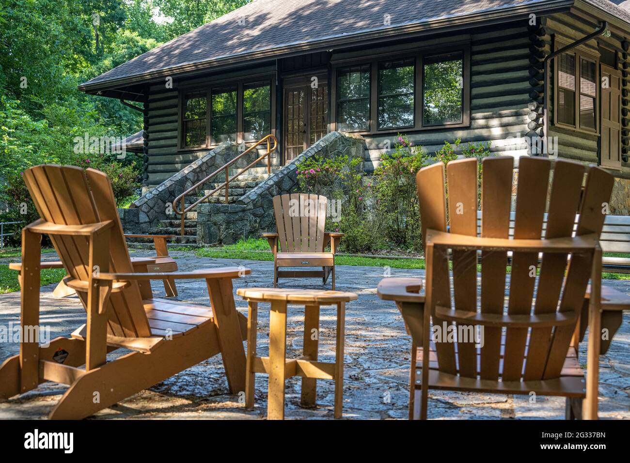 Adirondack chairs on the back patio of the Hewlett Lodge Visitor Center at the Island Ford Unit of the Chattahoochee River National Recreation Area. Stock Photo