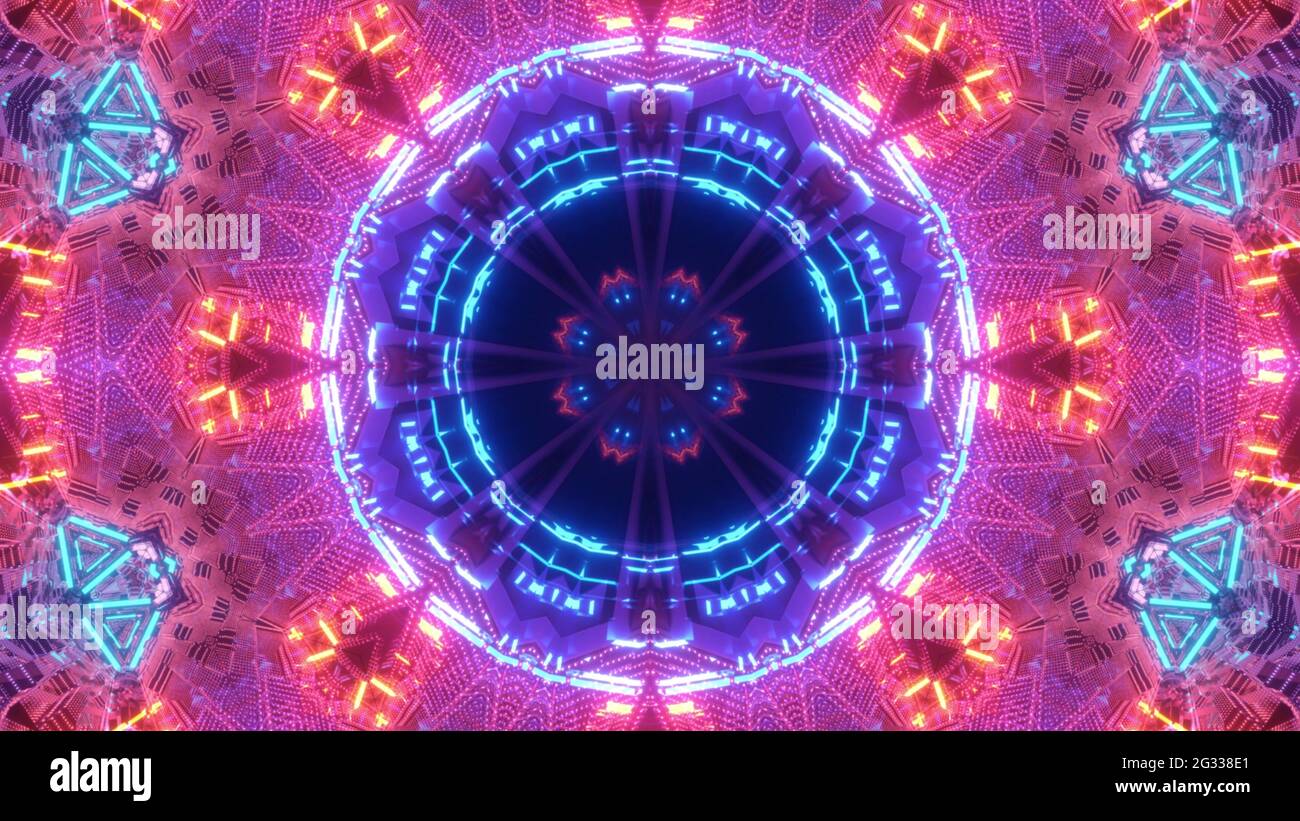 A 3D rendering of geometric shapes with colorful bright glowing neon ...
