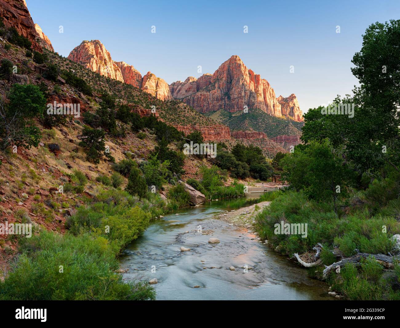 ZION NATIONAL PARK, UTAH - CIRCA AUGUST 2020:  Virgin River and the Watchman mountain close to Springdale in Utah. Stock Photo