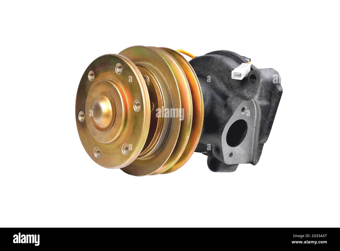 car pump with a V-belt pulley, detail of the car cooling system, close-up, selective focus Stock Photo