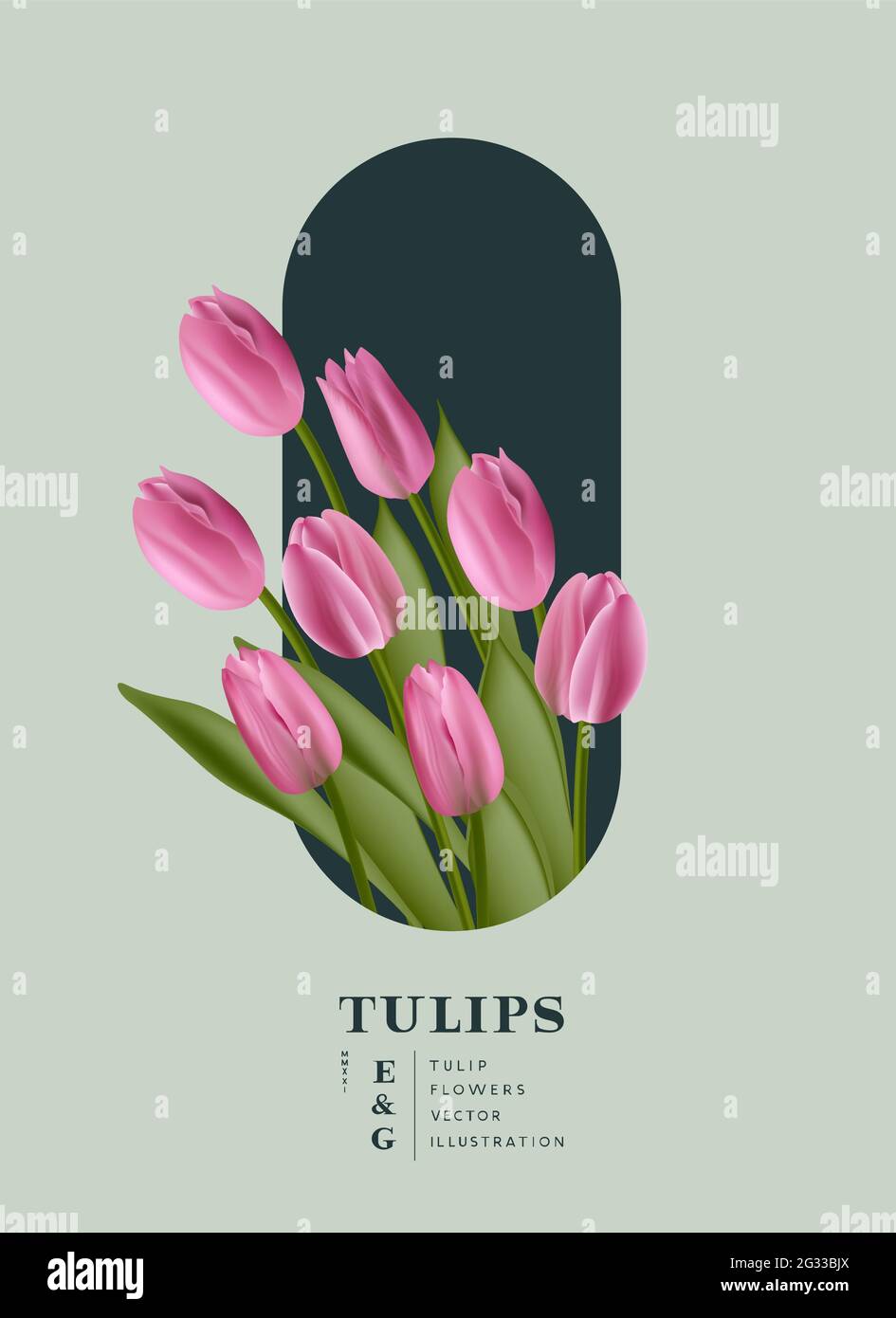 Floral realistic Tulips flowers placement card background. Contemporary layout vector illustration. Stock Vector