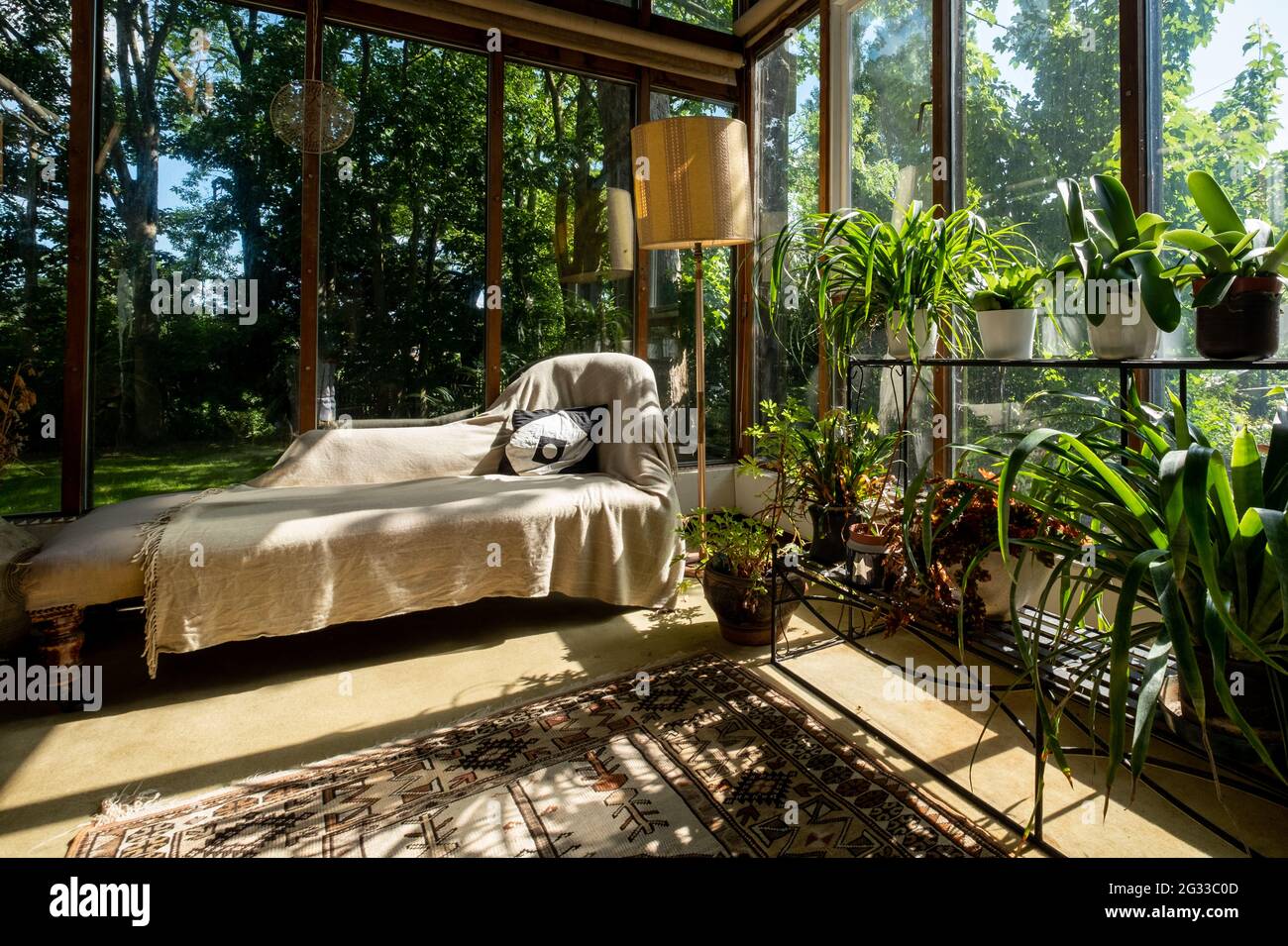 Analytical couch positioned against an open window overlooking a garden, used by psychotherapist treating patient with mental illness. Stock Photo