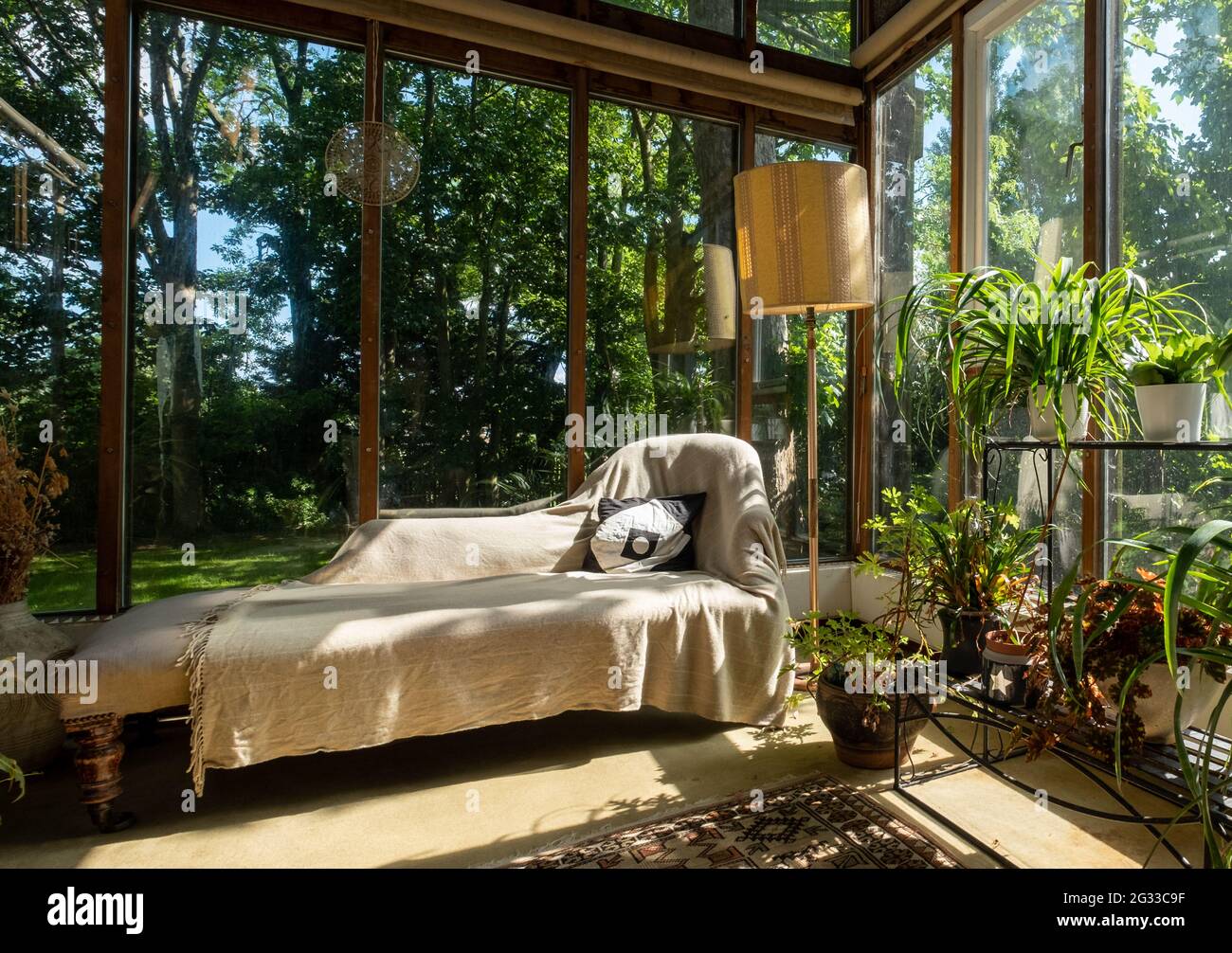 Analytical couch positioned against an open window overlooking a garden, used by psychotherapist treating patient with mental illness. Stock Photo