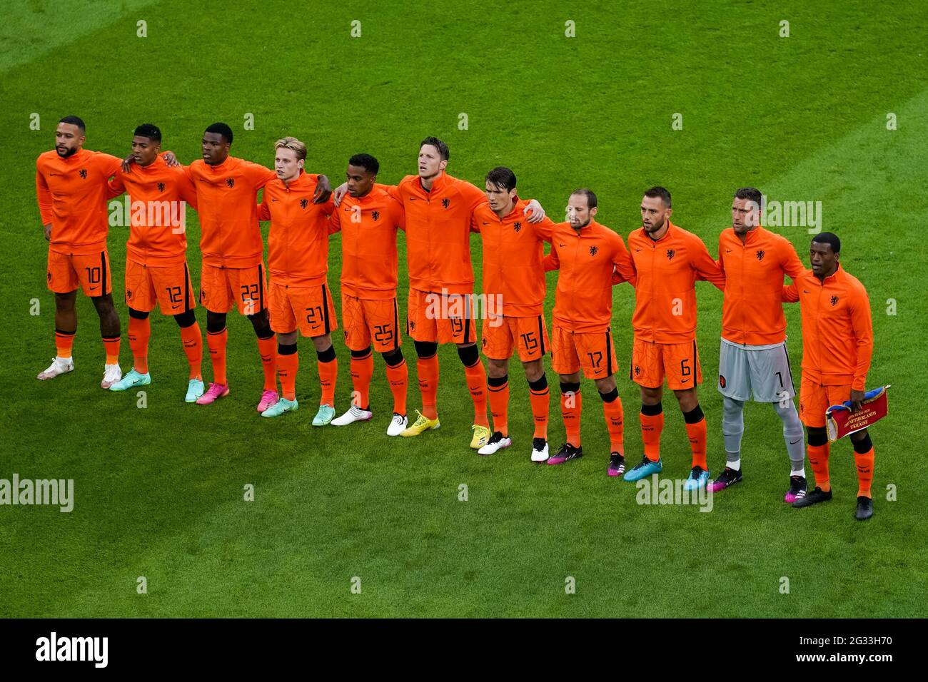 AMSTERDAM, NETHERLANDS - JUNE 13: Players of the Netherlands line up for the national anthem during the UEFA Euro 2020 Championship Group C match between Netherlands and Ukraine at the Johan Cruijff ArenA on June 13, 2021 in Amsterdam, Netherlands (Photo by Andre Weening/Orange Pictures) Credit: Orange Pics BV/Alamy Live News Stock Photo