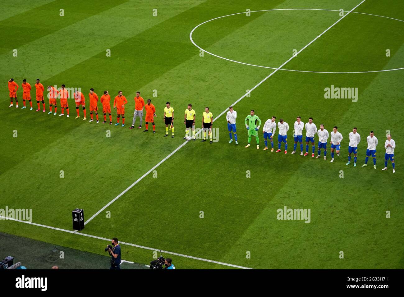 AMSTERDAM, NETHERLANDS - JUNE 13: Players of the Netherlands and Ukraine line up for the national anthems during the UEFA Euro 2020 Championship Group C match between Netherlands and Ukraine at the Johan Cruijff ArenA on June 13, 2021 in Amsterdam, Netherlands (Photo by Andre Weening/Orange Pictures) Credit: Orange Pics BV/Alamy Live News Stock Photo