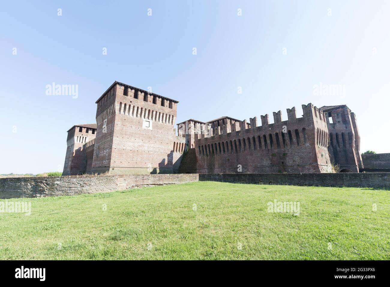 Soncino, Italy - 2021, June 13: exterior view of Castello Visconteo in Soncino, ITaly. No people are visible, shot is taken during a bright and sunny Stock Photo