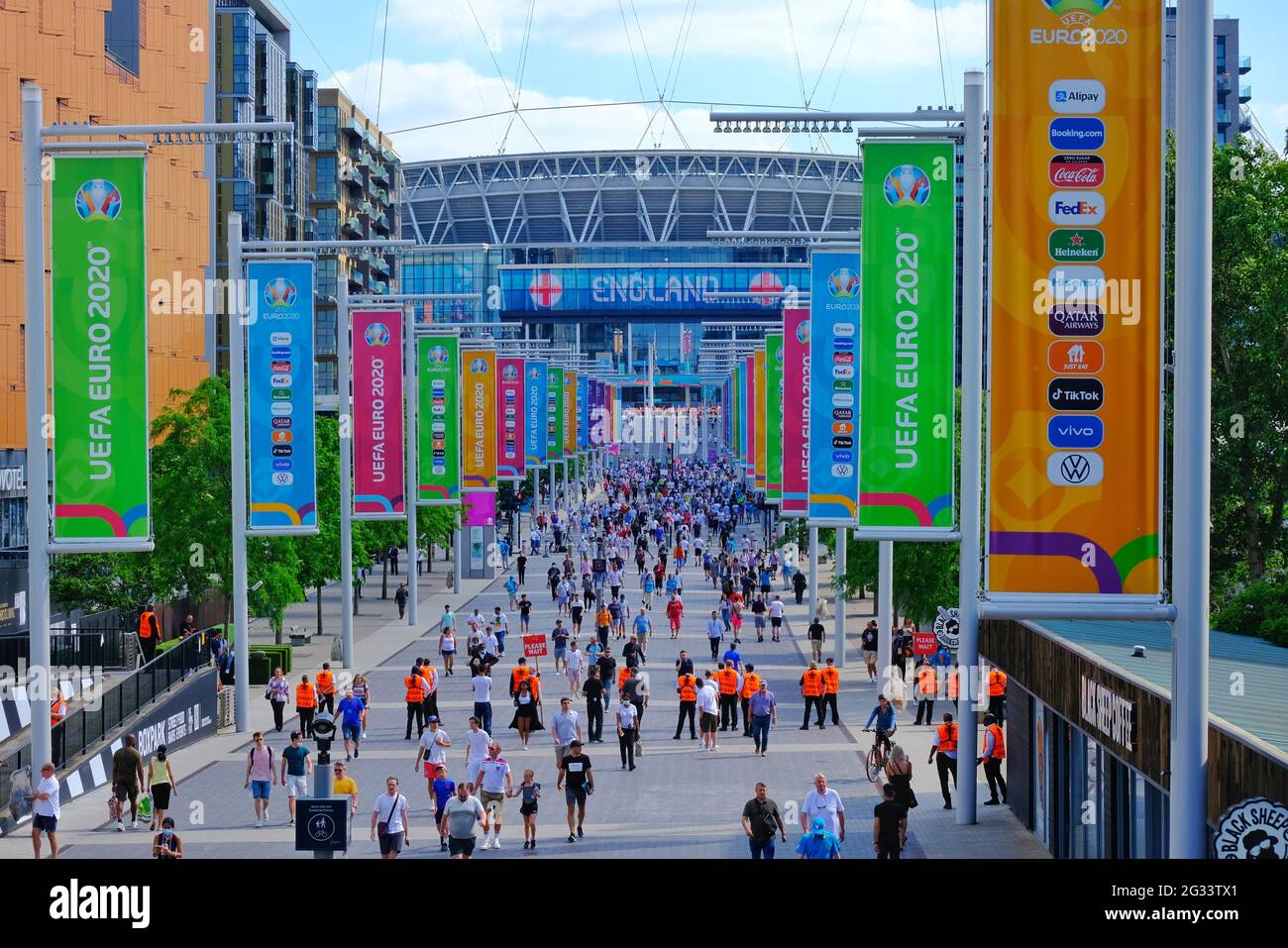 London, UK. A view of Olympic Way looking towards Wembley Stadium during England's first football game in the Euro 2020 tournament against Croatia Stock Photo