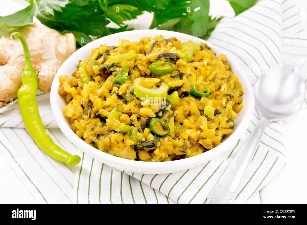 Indian national dish of kichari made of mung bean, rice, stalk celery