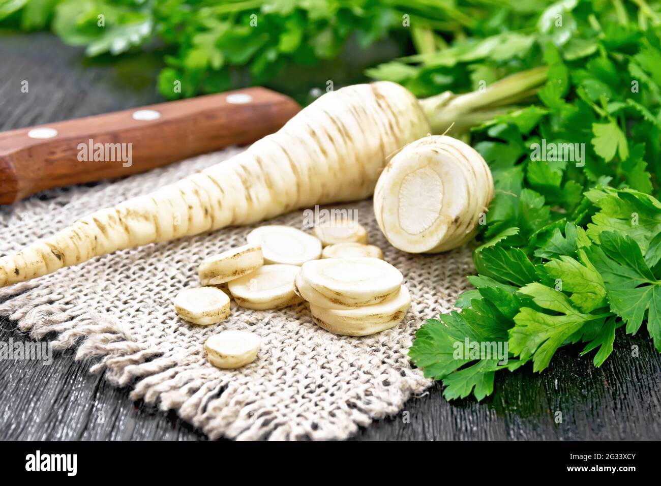 Parsley roots whole and chopped with green tops on burlap napkin and a knife on wooden board background Stock Photo