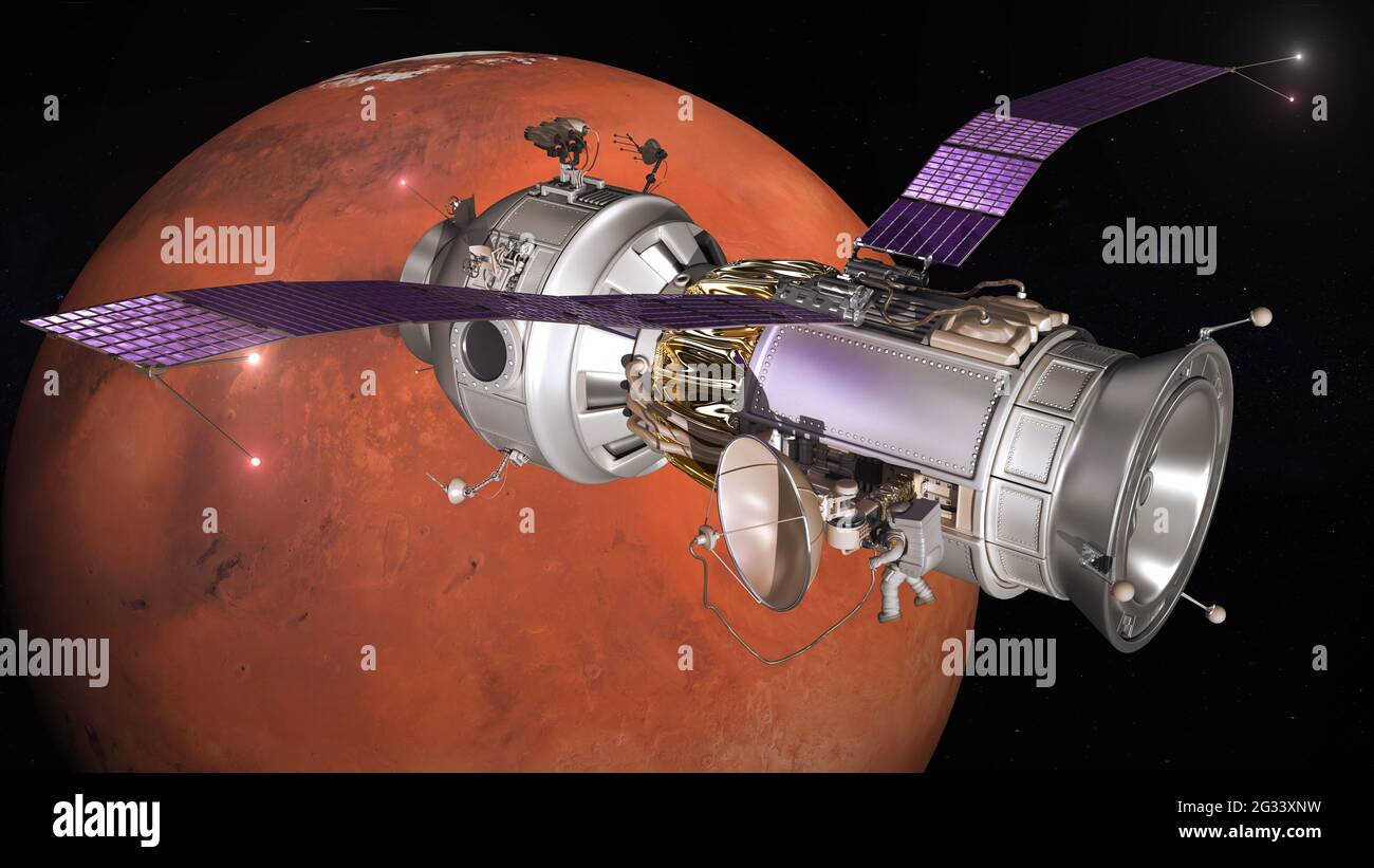 Mars Exploration Program. Spacecraft on Mars orbit. 3d rendering Stock