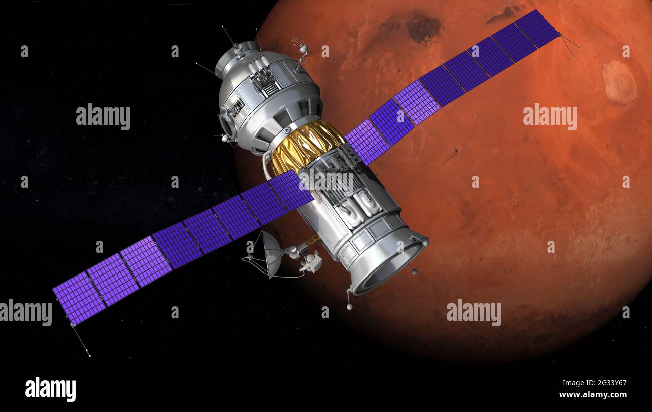 Mars Exploration Program. Spacecraft on Mars orbit. 3d rendering futuristic illustration about space Stock Photo