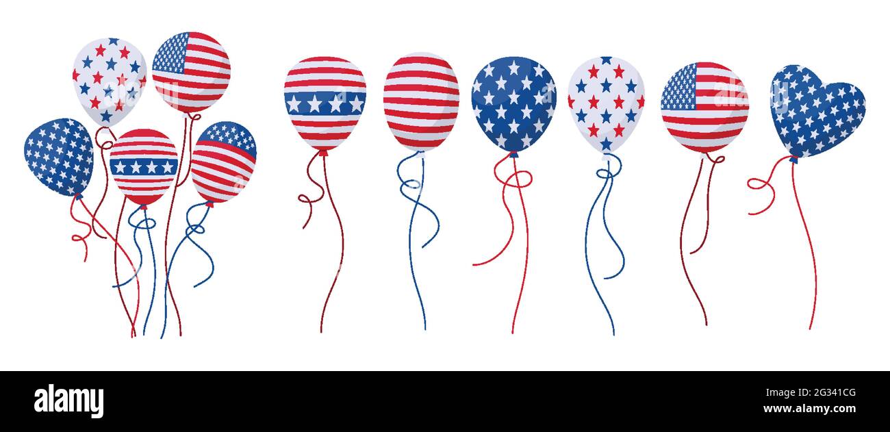 Balloon USA flag cartoon set. 4th July celebration americans Independence  day. American helium air balloons bunch, circle, heart shape. National  symbol party surprise. Isolated vector illustration Stock Vector Image &  Art -