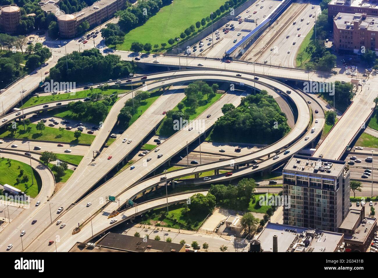 Street level looking up, City of Chicago aerial view with leading to