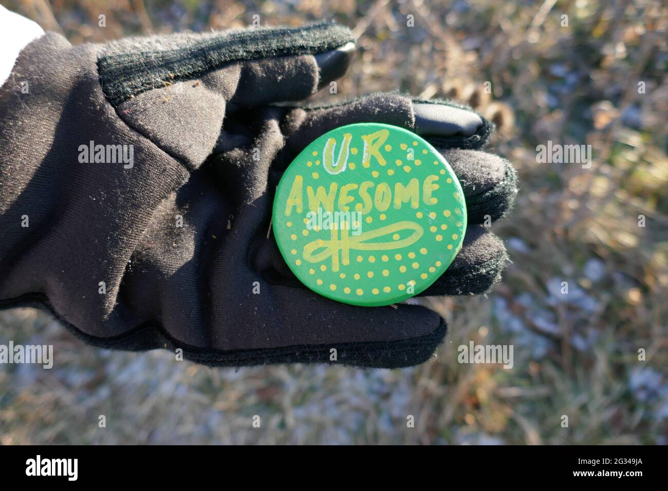 Gloved hand holding up kindness rock with encouraging UR Awesome message Stock Photo