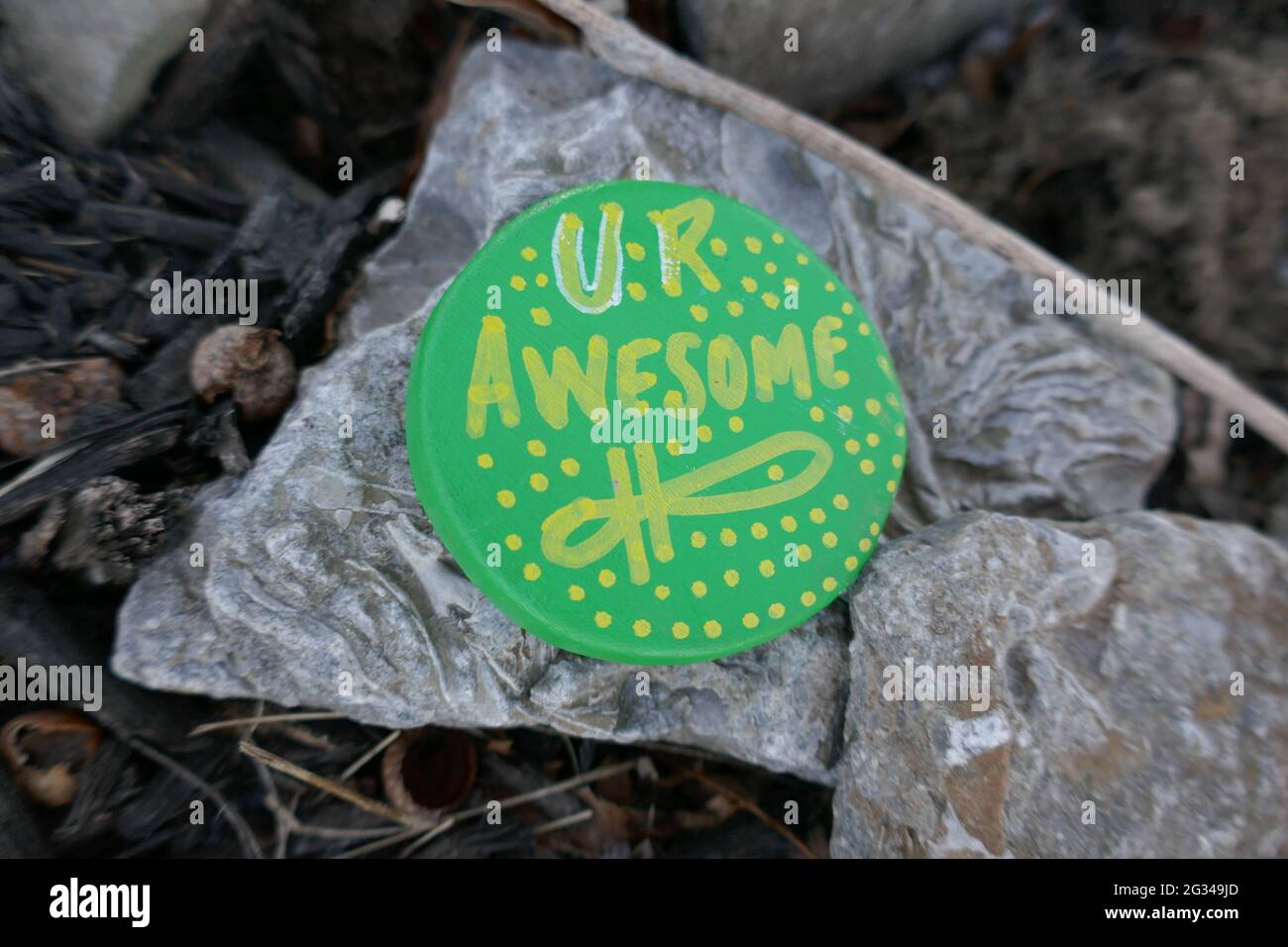 Kindness rock with encouraging UR Awesome message painted Stock Photo