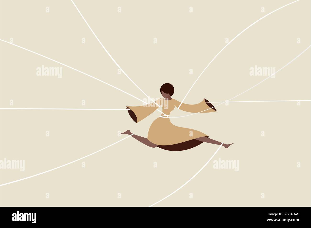 Conceptual illustration of a girl with controlling strings tied to her while in motion Stock Vector