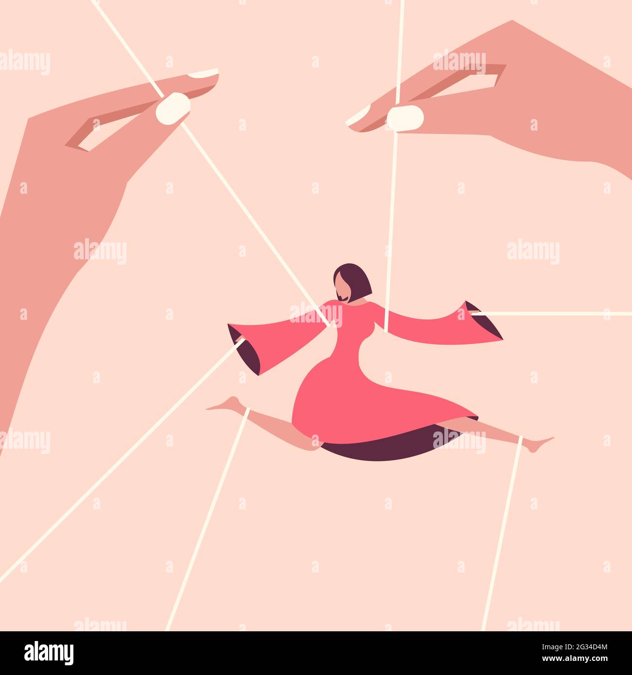 Conceptual illustration of hands controlling a dancing girl tied with strings Stock Vector