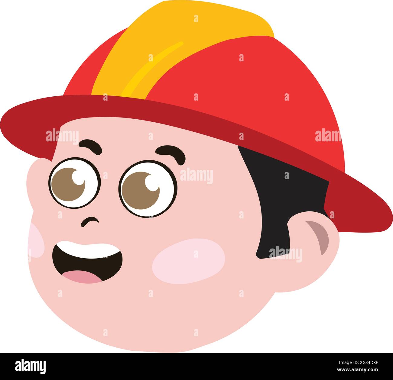 Cute kid Face. Cute and Adorable White Kid with dressed as Fire Fighter. Cute Face with Red Fire Fighter Hard Hat. Smiling Face. Happy Face. Stock Vector