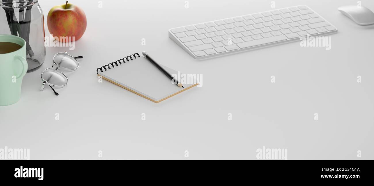 Study table with stationery, computer keyboard and supplies, 3D ...