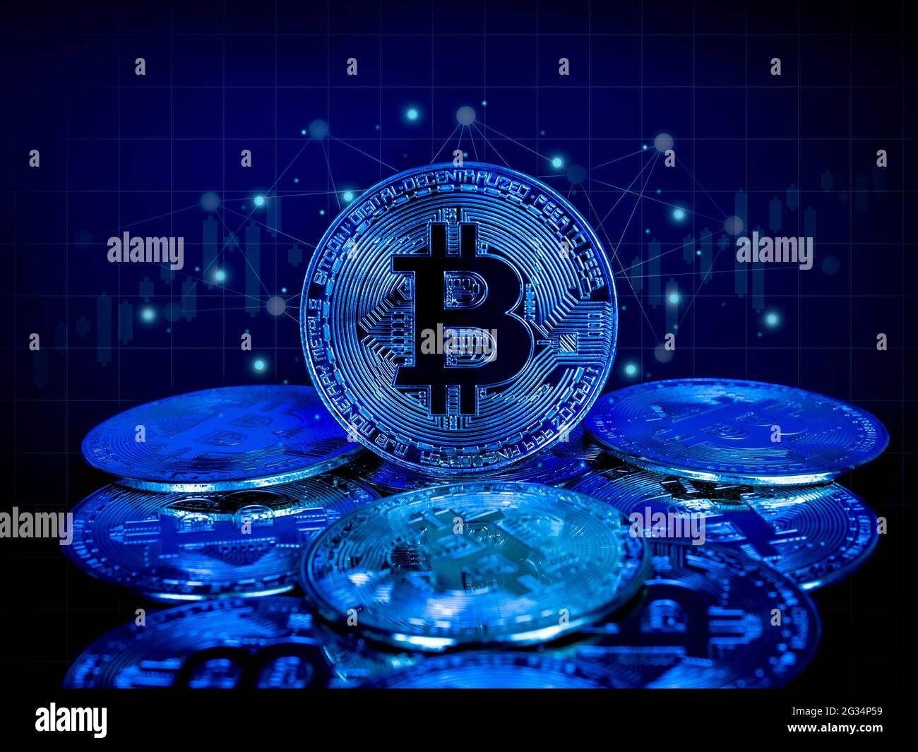 Bitcoin technology background. Blue tone bitcoin with network transfer on dark  background, cryptocurrency investment concept. Digital future coin curr  Stock Photo - Alamy