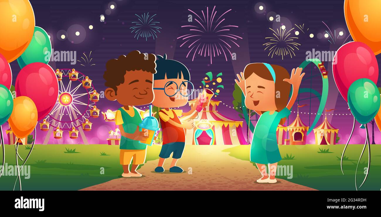Kids in amusement park with circus, ferris wheel and roller coaster. Cheerful children friends visit night funfair with fireworks and balloons, carnival weekend entertainment, Cartoon illustration Stock Vector