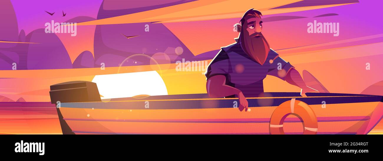 Enjoy moment poster with man in boat on sunset background. Vector banner of tranquility rest at nature with cartoon illustration of lake, sun and person with beard in boat Stock Vector