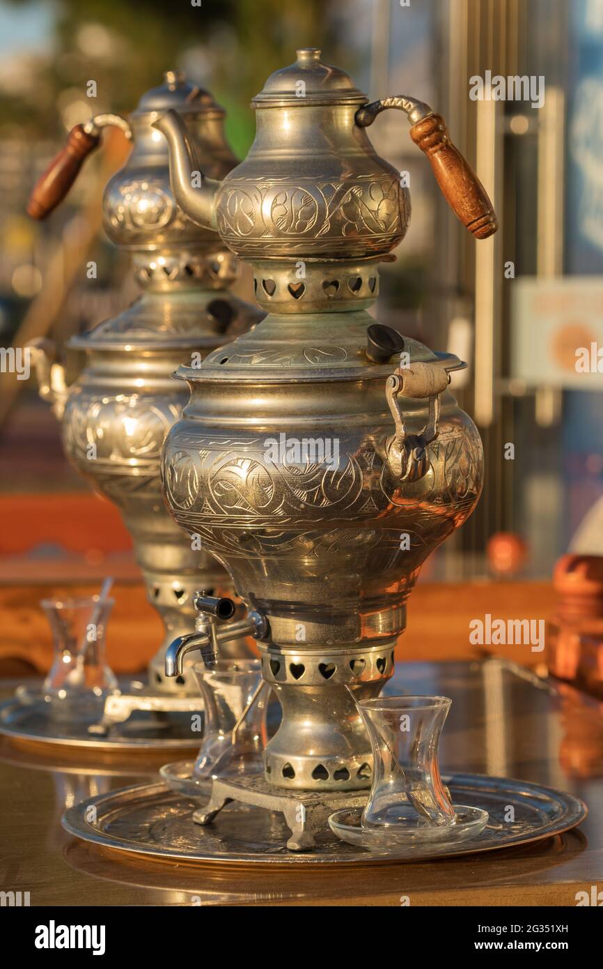 Turkish samovar tea pot at the table in outdoor cafe in Turkey Stock Photo